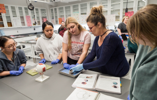 Students working with a faculty member on a dissection in the Biology lab